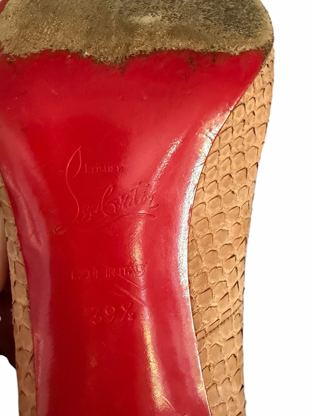 Christian Louboutin Tan Croc or Snake Embossed Peep-Toe Stilettos 39 1/2 - Picture 11 of 12